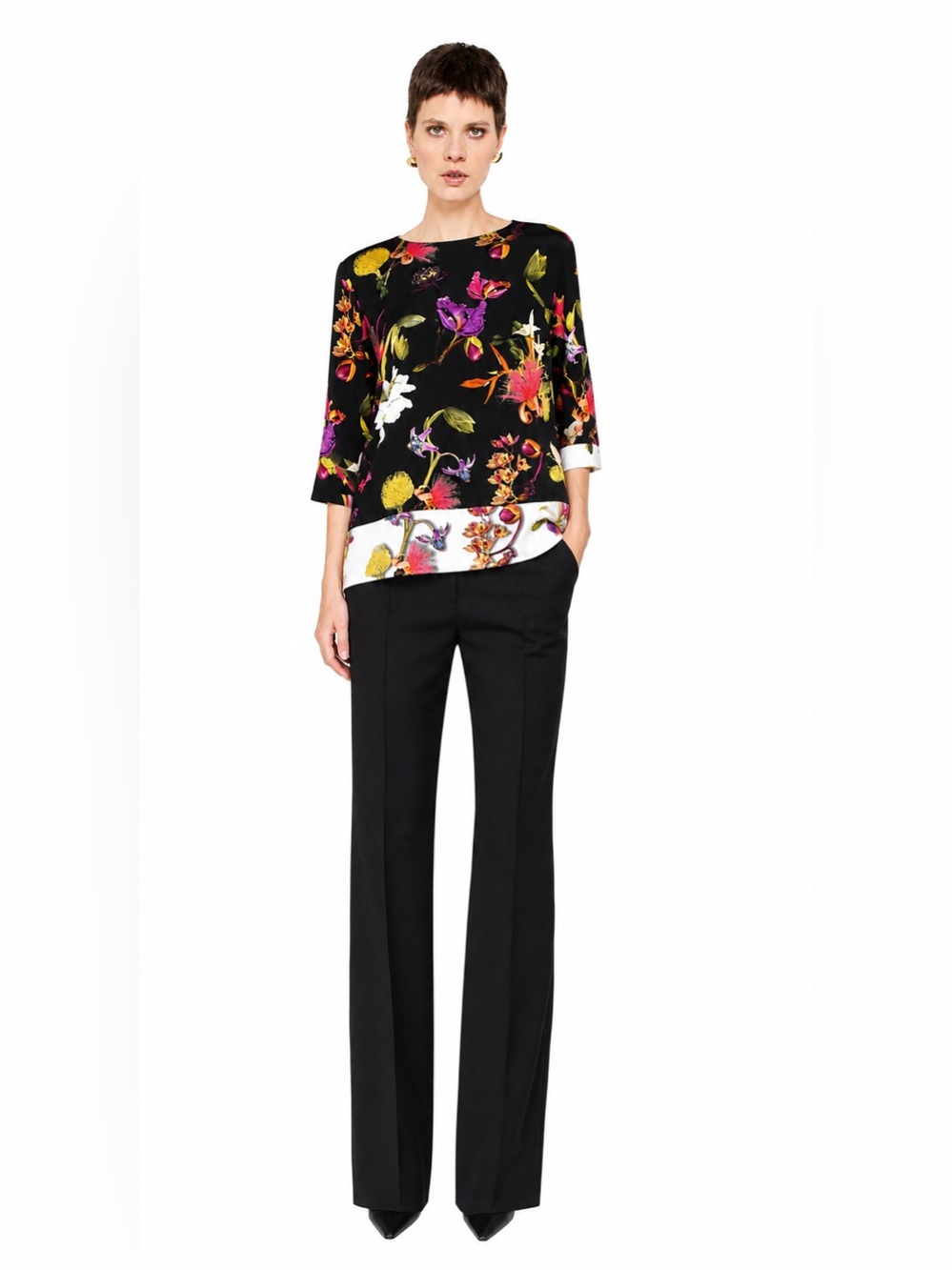 Escada Floral Silk Blouse Black Multicolor Size 10